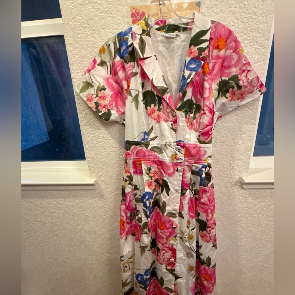 Hermoza Blooming In Breeze  Floral A-Line & Waist Defining Cotton Dress S-Small - Picture 7 of 16